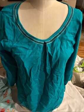 Ariat Teal Lace-Up Blouse Printed Blouse Long Sleeves Pleated Shoulders and Back